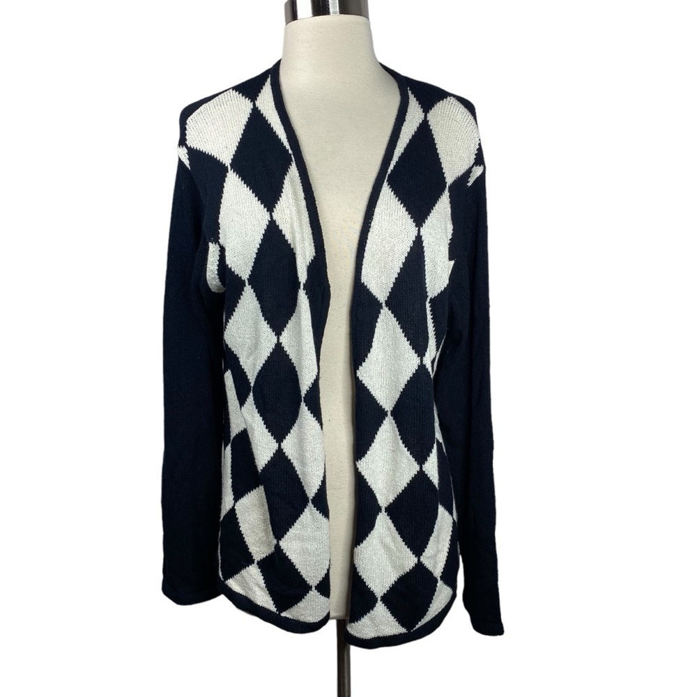Vintage Joan Leslie Navy and White Argyle Knit Cardigan - Size M